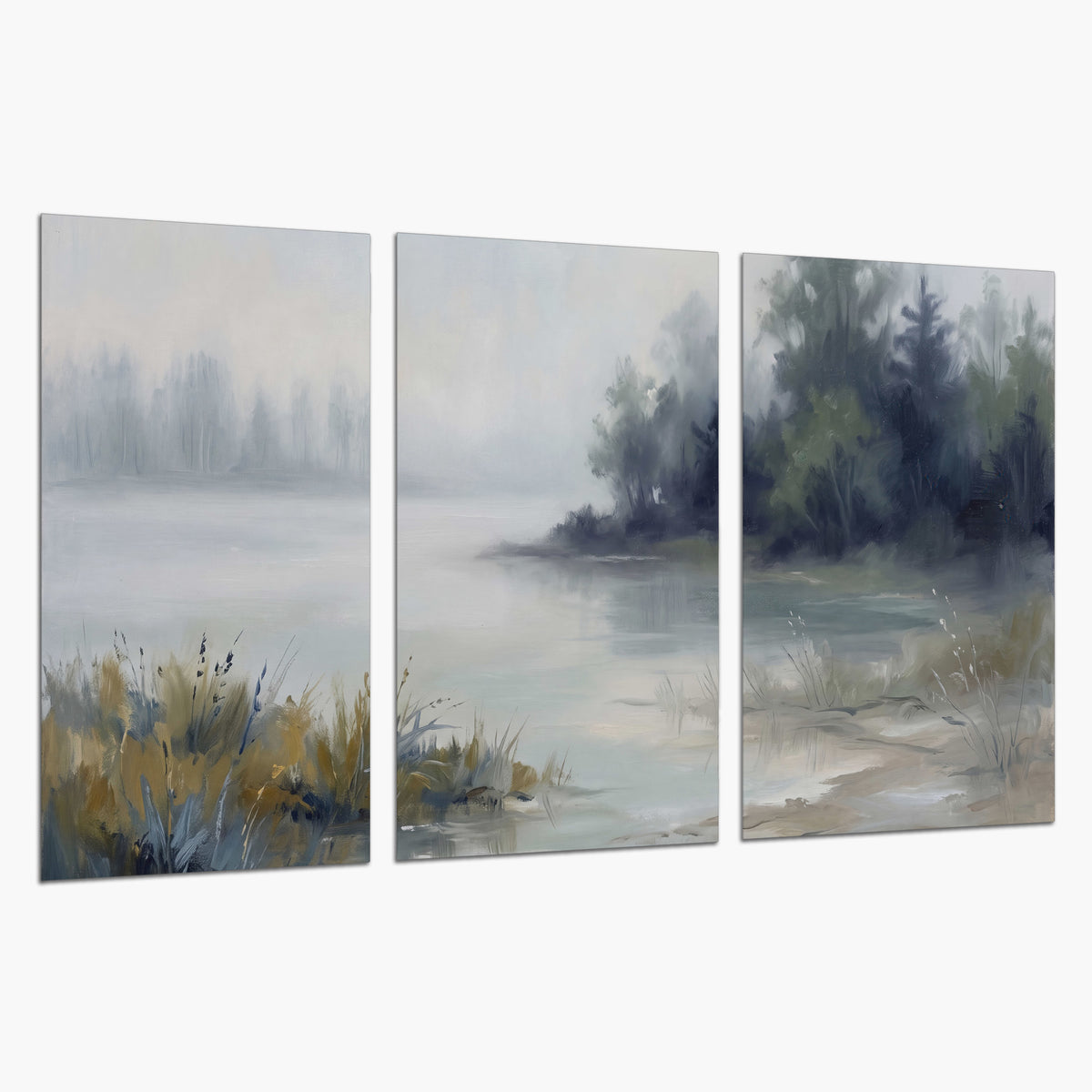 A calm pale lake bordered by dark evergreen trees and distant mist set of 3 poster prints on a white background