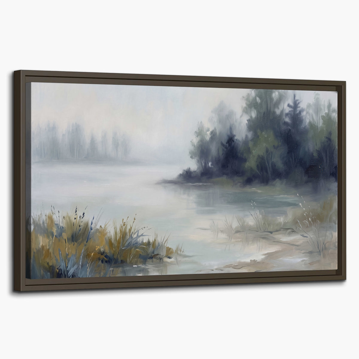 A calm pale lake bordered by dark evergreen trees and distant mist single framed canvas wall art on a white background