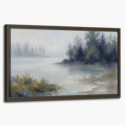 A calm pale lake bordered by dark evergreen trees and distant mist single framed canvas wall art on a white background