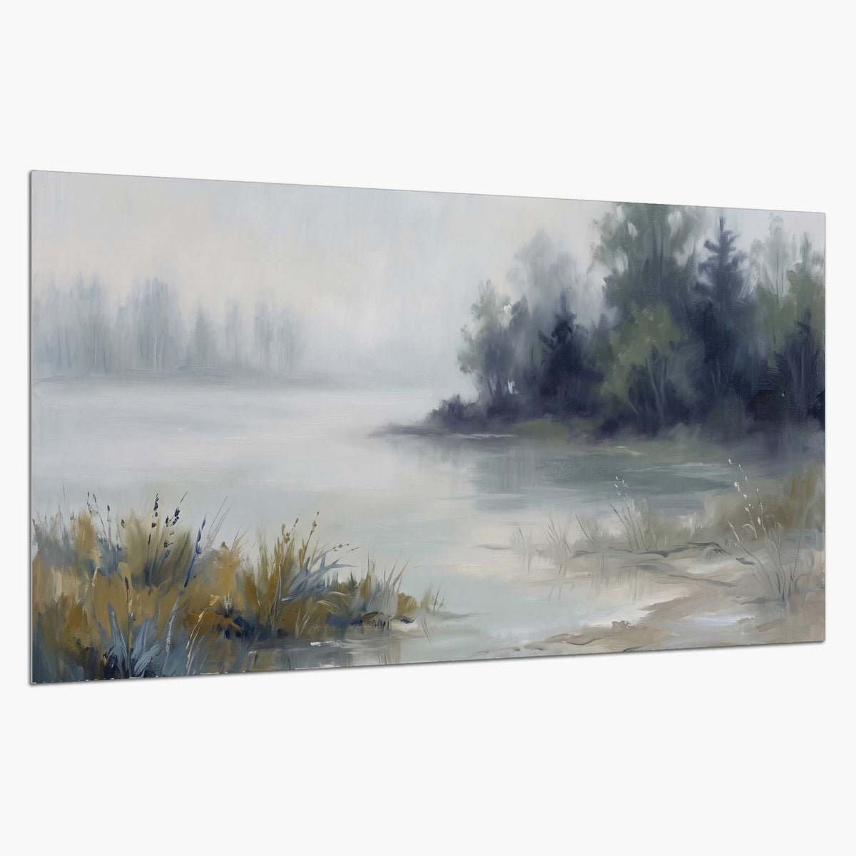 A calm pale lake bordered by dark evergreen trees and distant mist single poster print on a white background