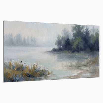 A calm pale lake bordered by dark evergreen trees and distant mist single poster print on a white background