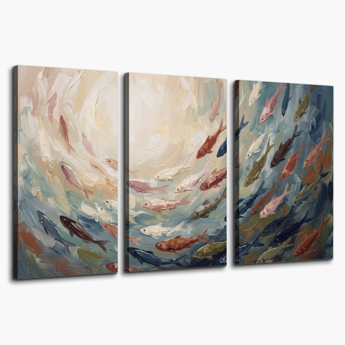 Sweeping cream, teal and rust painted-style curves 3 piece canvas wall art on a white background
