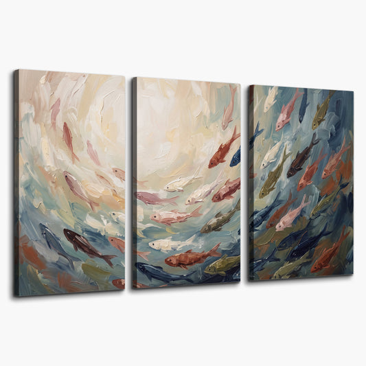 Sweeping cream, teal and rust painted-style curves 3 piece canvas wall art on a white background
