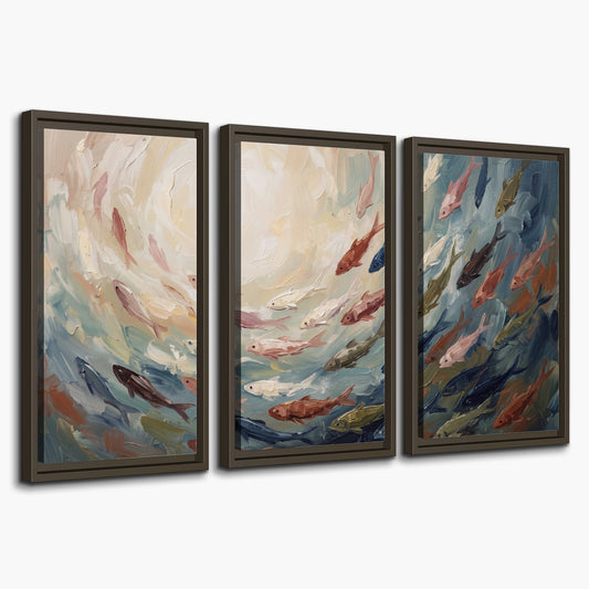Sweeping cream, teal and rust painted-style curves 3 piece framed canvas wall art on a white background