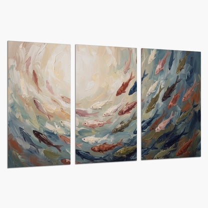 Sweeping cream, teal and rust painted-style curves set of 3 poster prints on a white background