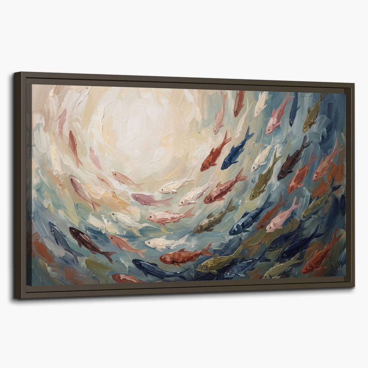 Sweeping cream, teal and rust painted-style curves single framed canvas wall art on a white background