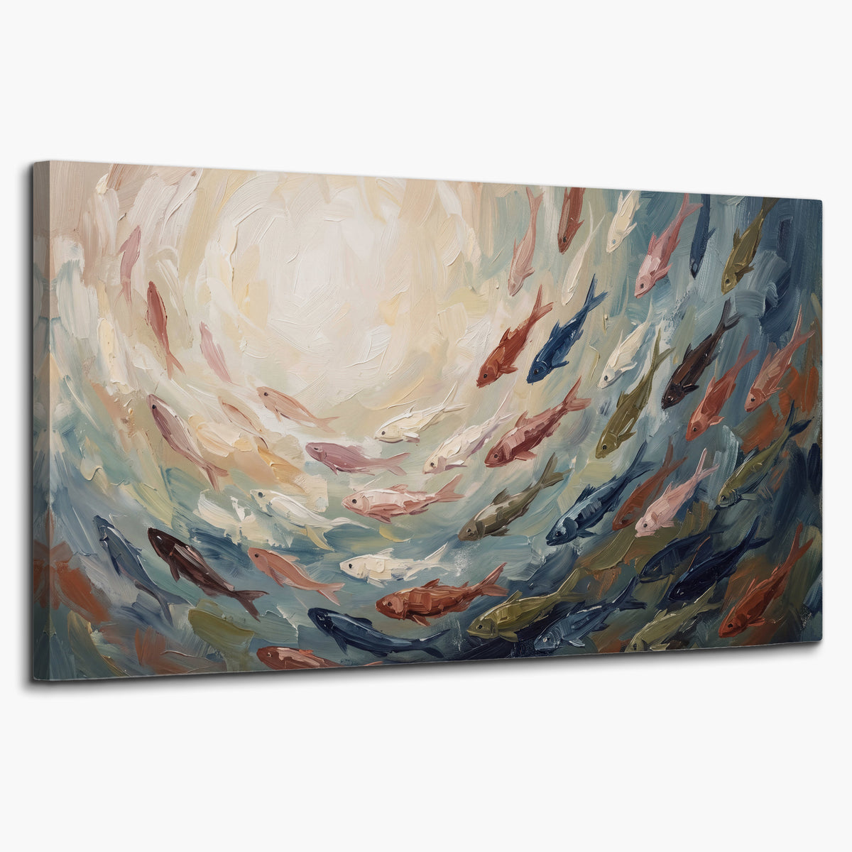 Sweeping cream, teal and rust painted-style curves single canvas wall art on a white background