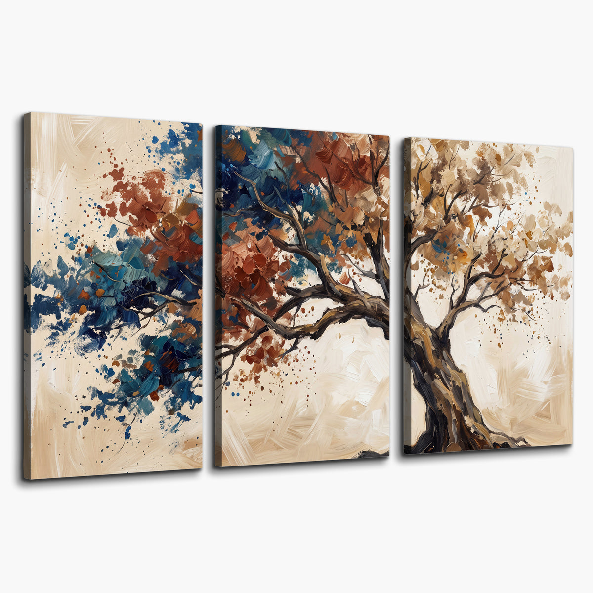 A broad tree with rust, blue and ochre foliage against warm cream 3 piece canvas wall art on a white background