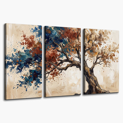 A broad tree with rust, blue and ochre foliage against warm cream 3 piece canvas wall art on a white background