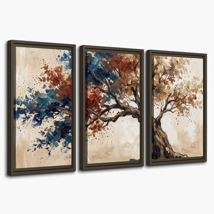 A broad tree with rust, blue and ochre foliage against warm cream 3 piece framed canvas wall art on a white background