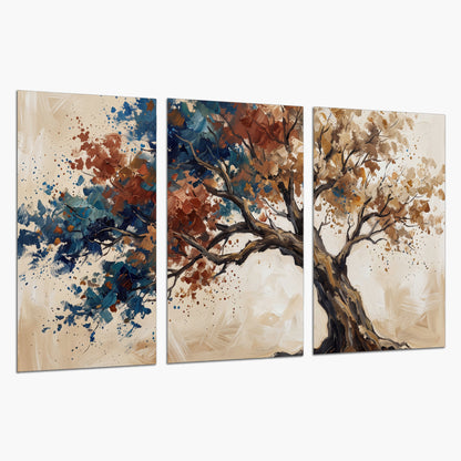 A broad tree with rust, blue and ochre foliage against warm cream set of 3 poster prints on a white background