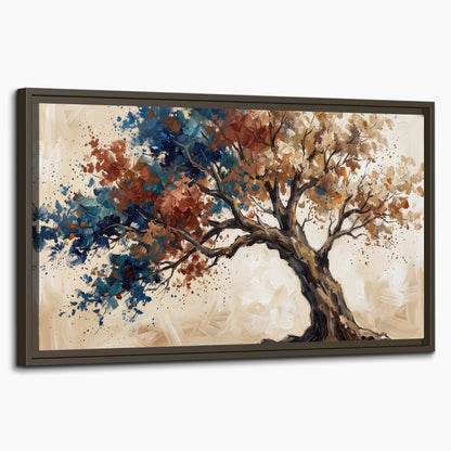 A broad tree with rust, blue and ochre foliage against warm cream single framed canvas wall art on a white background