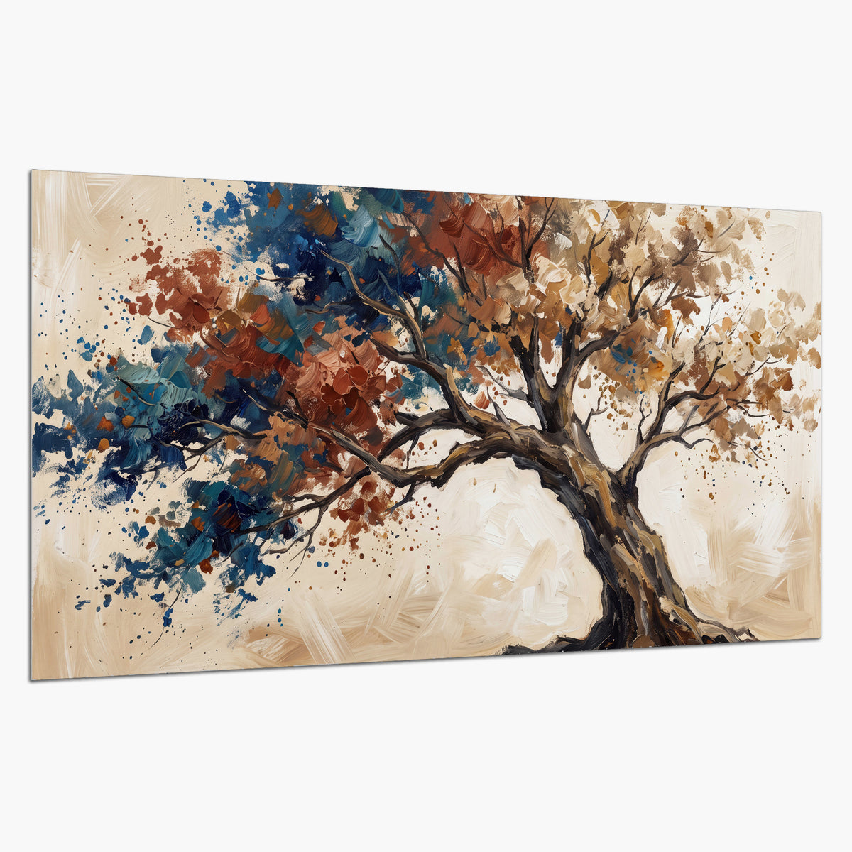 A broad tree with rust, blue and ochre foliage against warm cream single poster print on a white background