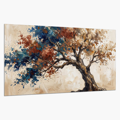 A broad tree with rust, blue and ochre foliage against warm cream single poster print on a white background