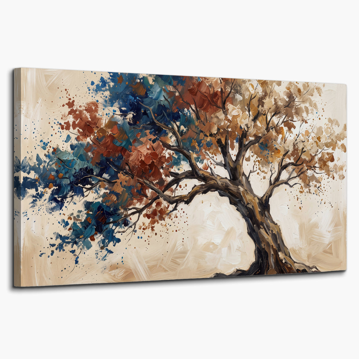 A broad tree with rust, blue and ochre foliage against warm cream single canvas wall art on a white background