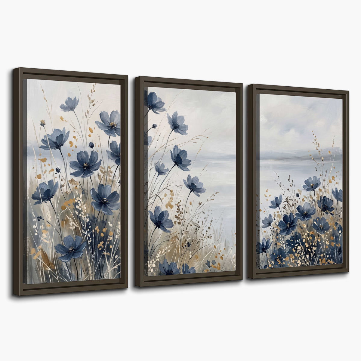 Soft blue flowers and ivory grasses beside a pale coastal horizon 3 piece framed canvas wall art on a white background