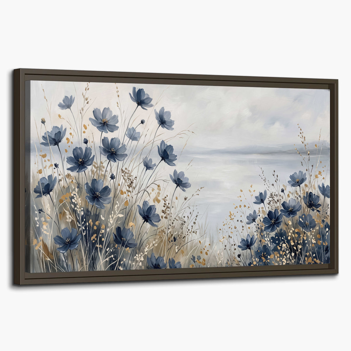 Soft blue flowers and ivory grasses beside a pale coastal horizon single framed canvas wall art on a white background