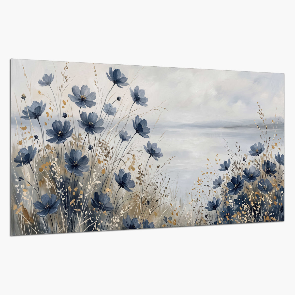 Soft blue flowers and ivory grasses beside a pale coastal horizon single poster print on a white background