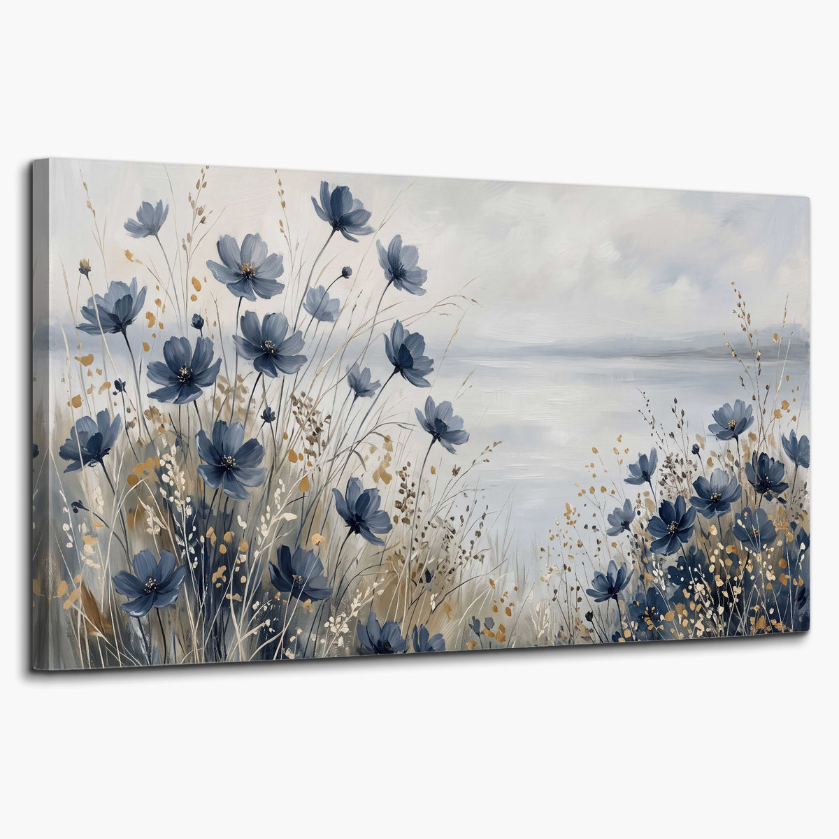 Soft blue flowers and ivory grasses beside a pale coastal horizon single canvas wall art on a white background