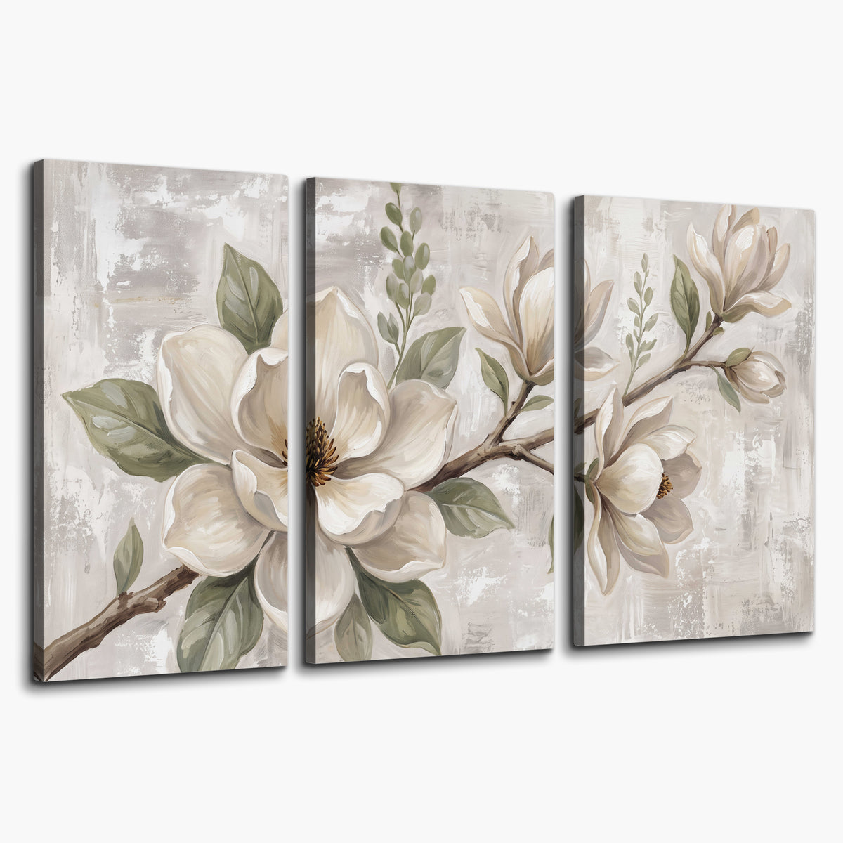 Large ivory magnolia blossoms and soft green leaves on pale gray 3 piece canvas wall art on a white background