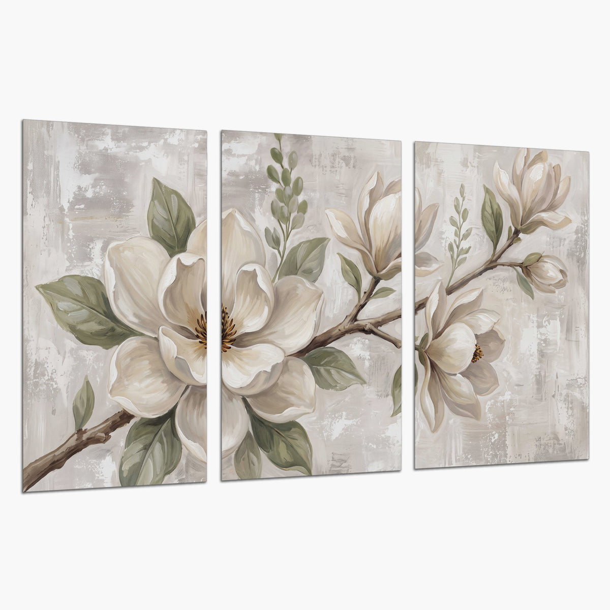 Large ivory magnolia blossoms and soft green leaves on pale gray set of 3 poster prints on a white background