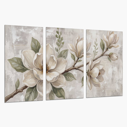 Large ivory magnolia blossoms and soft green leaves on pale gray set of 3 poster prints on a white background