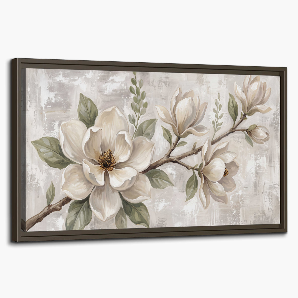Large ivory magnolia blossoms and soft green leaves on pale gray single framed canvas wall art on a white background