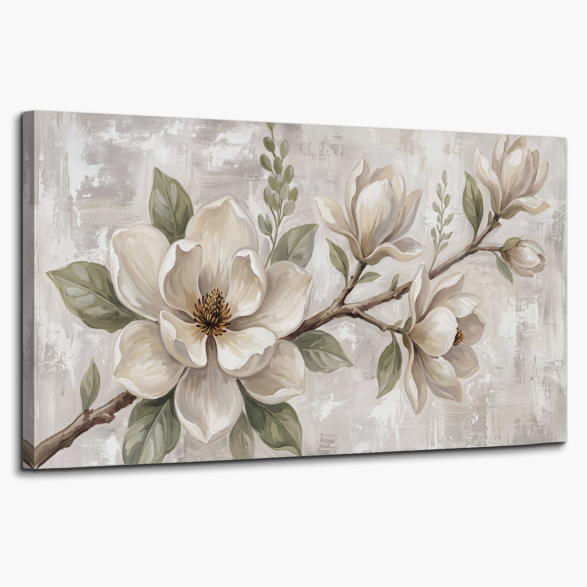 Large ivory magnolia blossoms and soft green leaves on pale gray single canvas wall art on a white background