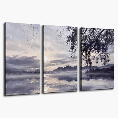 Quiet gray-blue water and dark overhanging branches beneath evening clouds 3 piece canvas wall art on a white background