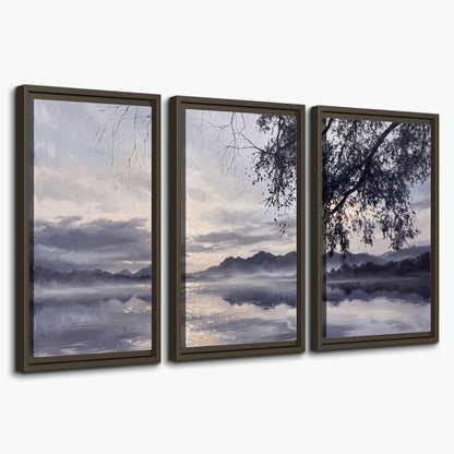 Quiet gray-blue water and dark overhanging branches beneath evening clouds 3 piece framed canvas wall art on a white background