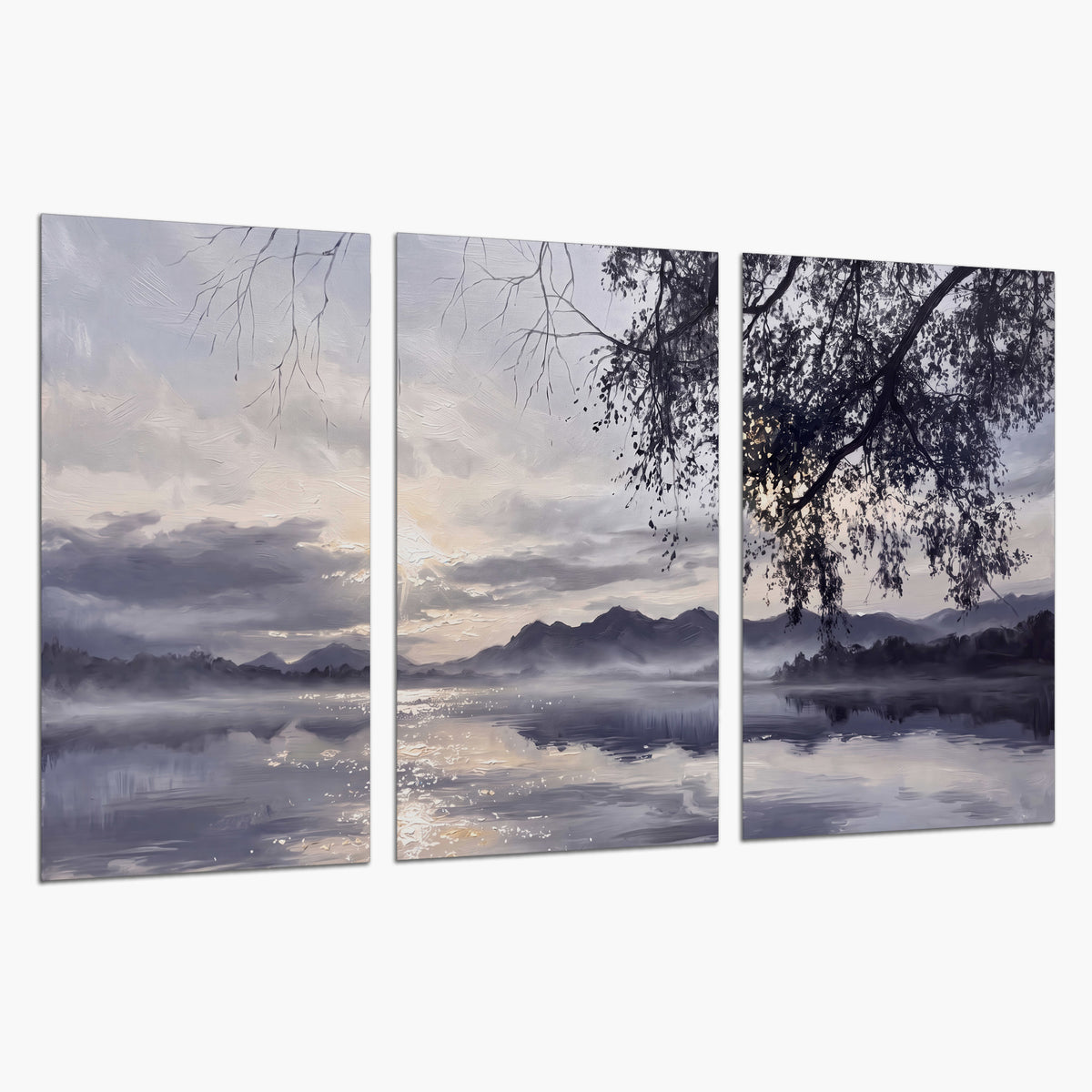 Quiet gray-blue water and dark overhanging branches beneath evening clouds set of 3 poster prints on a white background