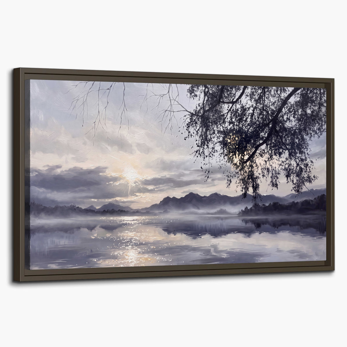 Quiet gray-blue water and dark overhanging branches beneath evening clouds single framed canvas wall art on a white background