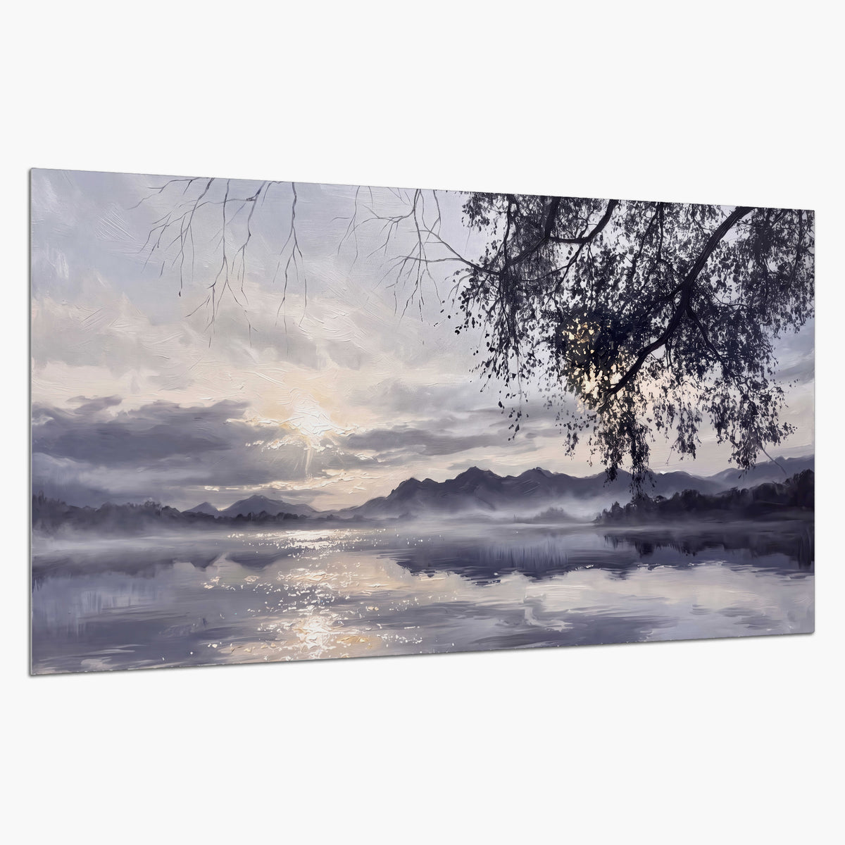 Quiet gray-blue water and dark overhanging branches beneath evening clouds single poster print on a white background