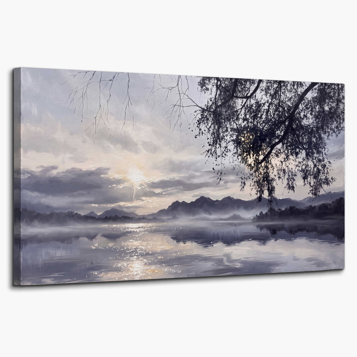 Quiet gray-blue water and dark overhanging branches beneath evening clouds single canvas wall art on a white background