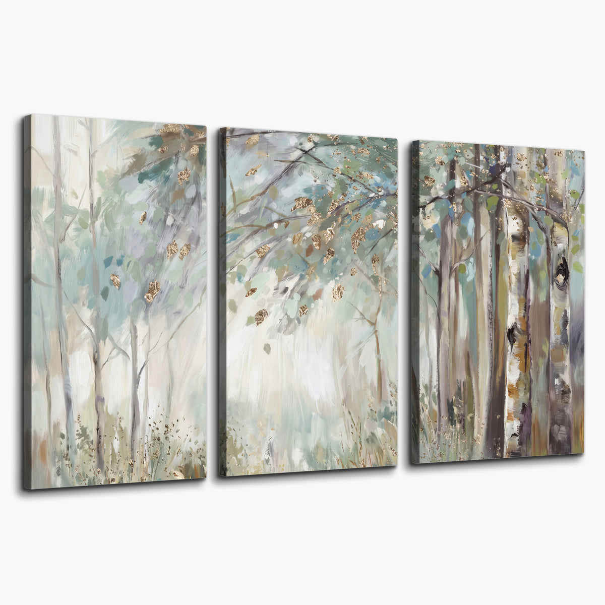 Slender woodland trunks and delicate branches in soft green and cream 3 piece canvas wall art on a white background