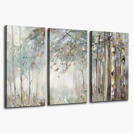 Slender woodland trunks and delicate branches in soft green and cream 3 piece canvas wall art on a white background