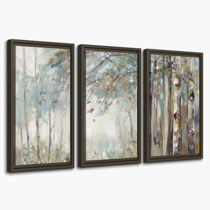 Slender woodland trunks and delicate branches in soft green and cream 3 piece framed canvas wall art on a white background