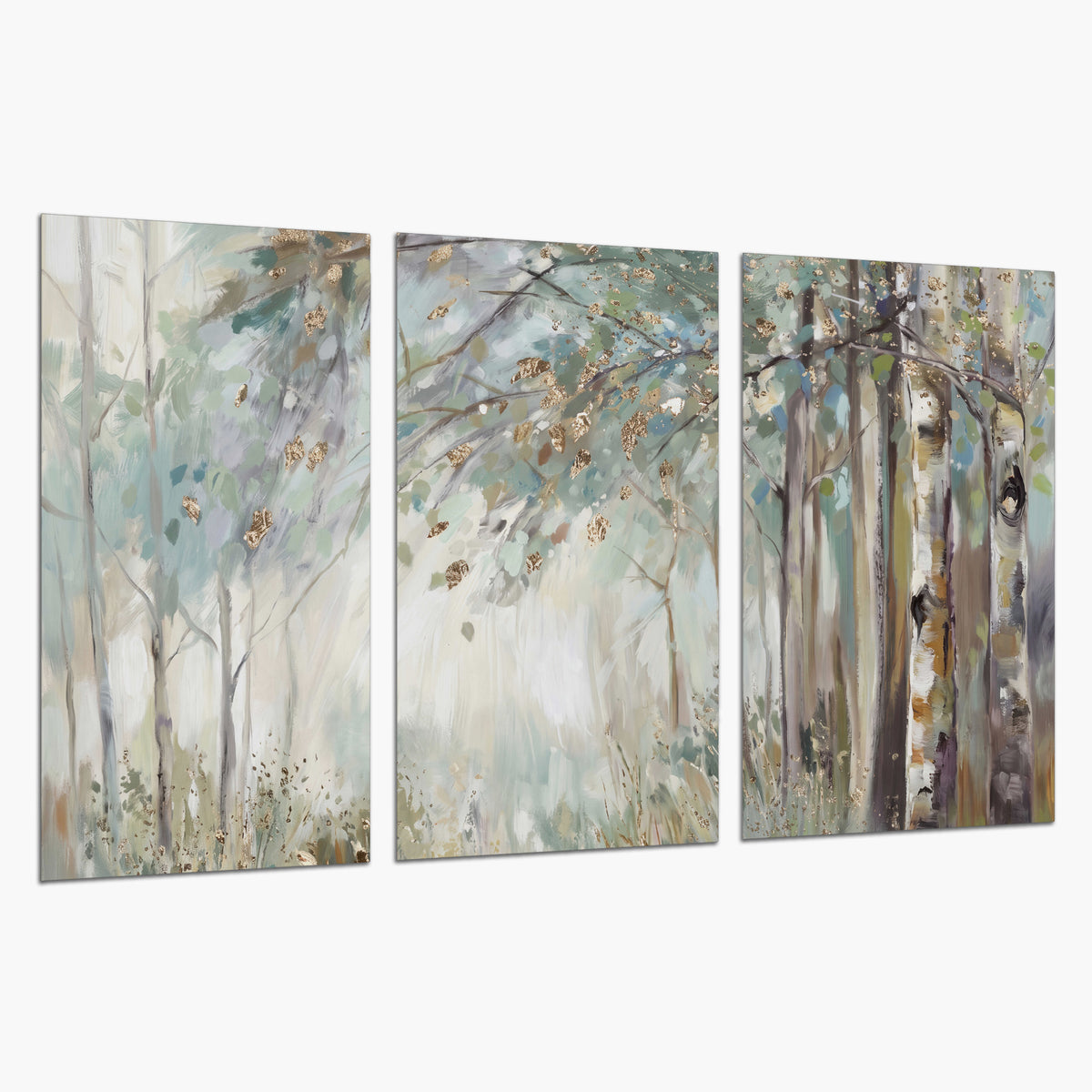Slender woodland trunks and delicate branches in soft green and cream set of 3 poster prints on a white background