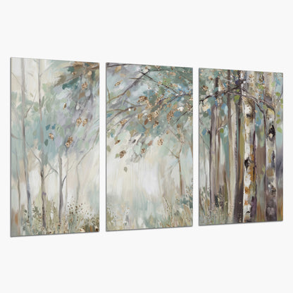 Slender woodland trunks and delicate branches in soft green and cream set of 3 poster prints on a white background