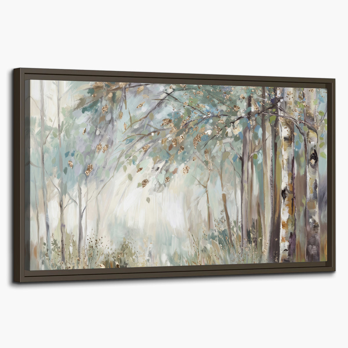 Slender woodland trunks and delicate branches in soft green and cream single framed canvas wall art on a white background