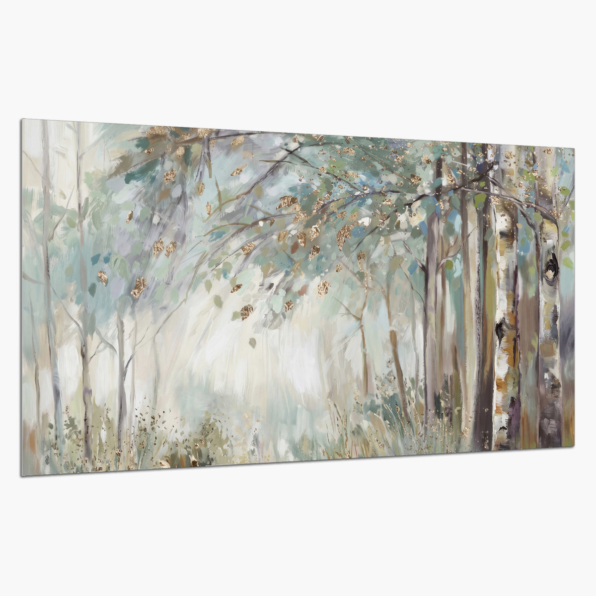 Slender woodland trunks and delicate branches in soft green and cream single poster print on a white background