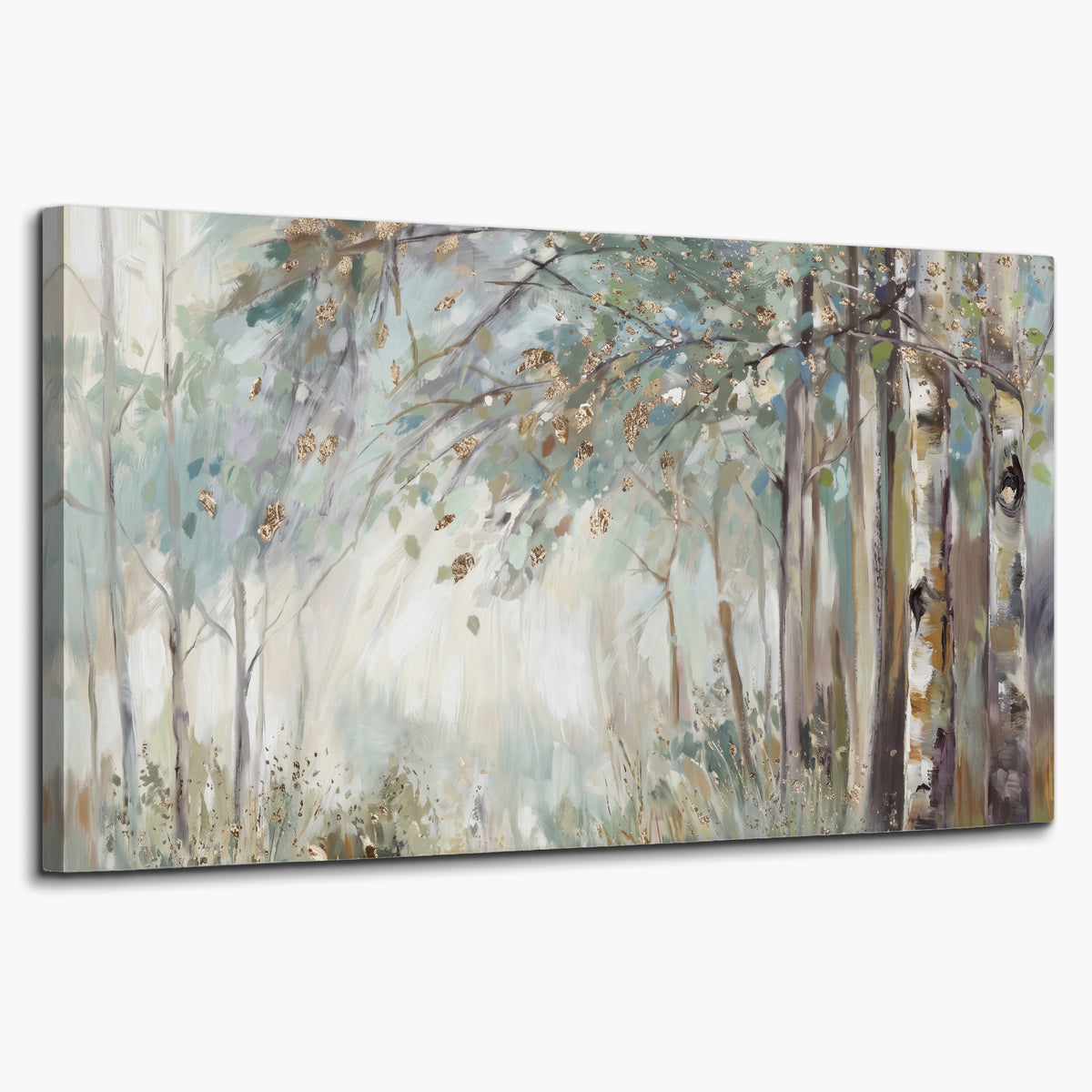 Slender woodland trunks and delicate branches in soft green and cream single canvas wall art on a white background