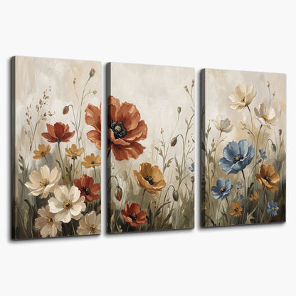 Rust red, pale blue and ivory flowers with delicate meadow stems 3 piece canvas wall art on a white background