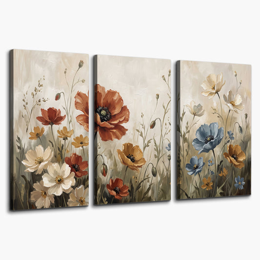 Rust red, pale blue and ivory flowers with delicate meadow stems 3 piece canvas wall art on a white background