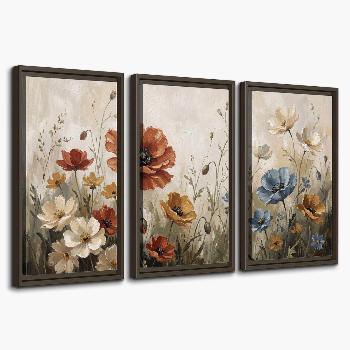 Rust red, pale blue and ivory flowers with delicate meadow stems 3 piece framed canvas wall art on a white background