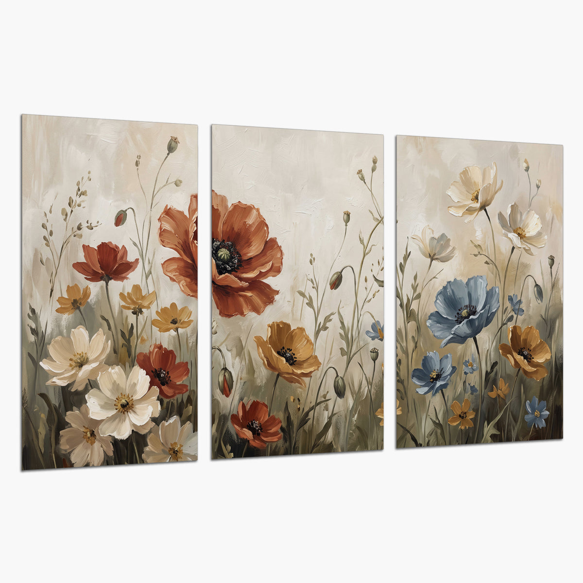 Rust red, pale blue and ivory flowers with delicate meadow stems set of 3 poster prints on a white background