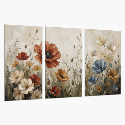 Rust red, pale blue and ivory flowers with delicate meadow stems set of 3 poster prints on a white background