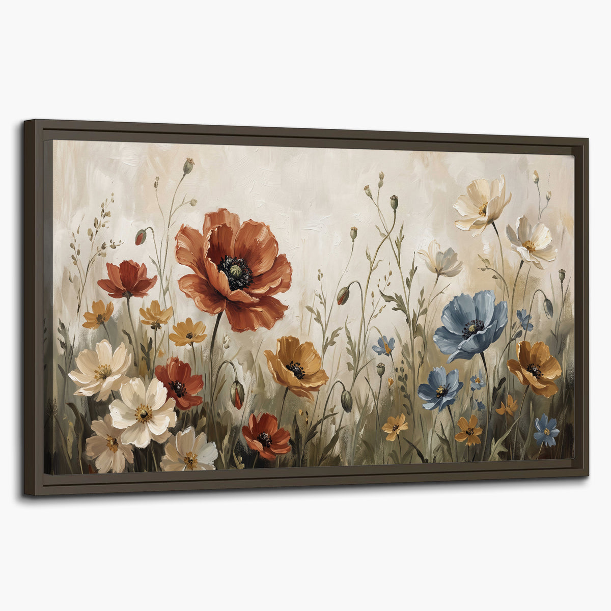 Rust red, pale blue and ivory flowers with delicate meadow stems single framed canvas wall art on a white background
