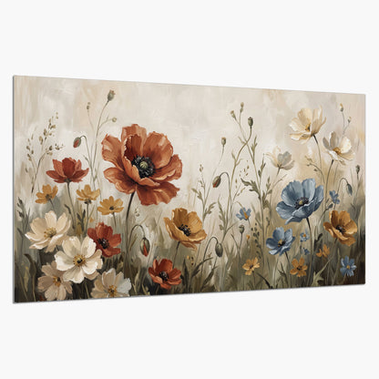 Rust red, pale blue and ivory flowers with delicate meadow stems single poster print on a white background