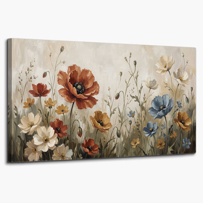 Rust red, pale blue and ivory flowers with delicate meadow stems single canvas wall art on a white background